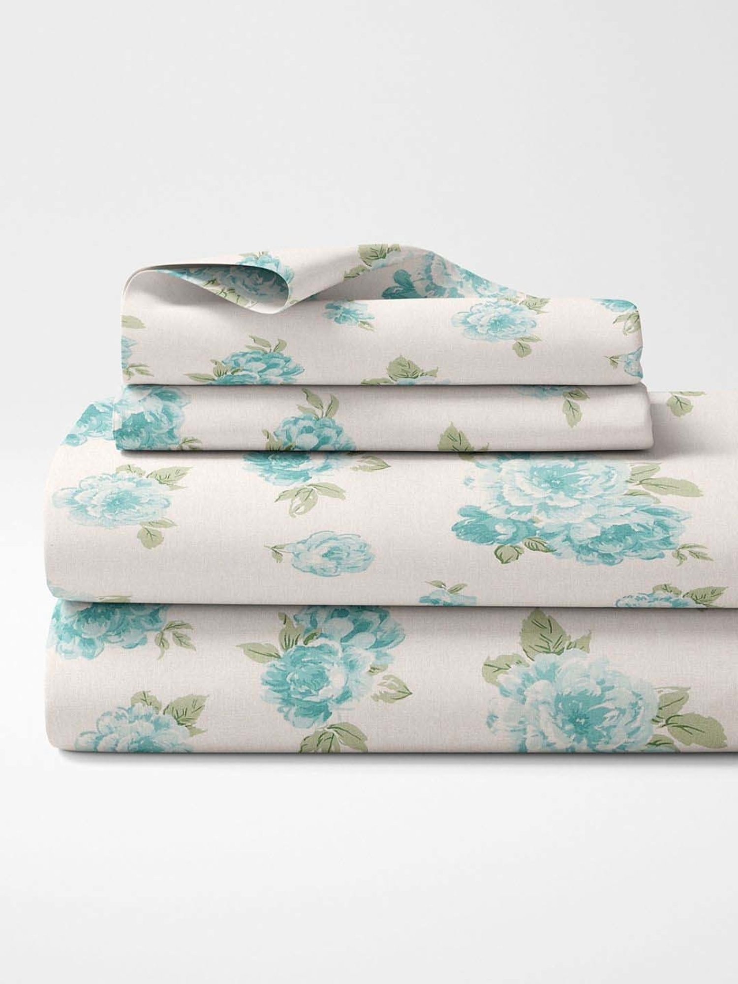 Haus & Kinder White & Teal Cotton 120 TC Petal Harmony Printed King Bedsheet with 2 Pillow Covers