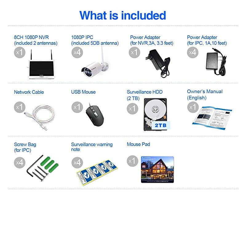 8CH,Expandable] All in one with 12.5" Monitor Wireless Security Camera System,  Home Business CCTV Surveillance 1080P NVR, 4pcs 2.0MP Outdoor Indoor Night Vision One-Way Audio Camera,2TB HDD