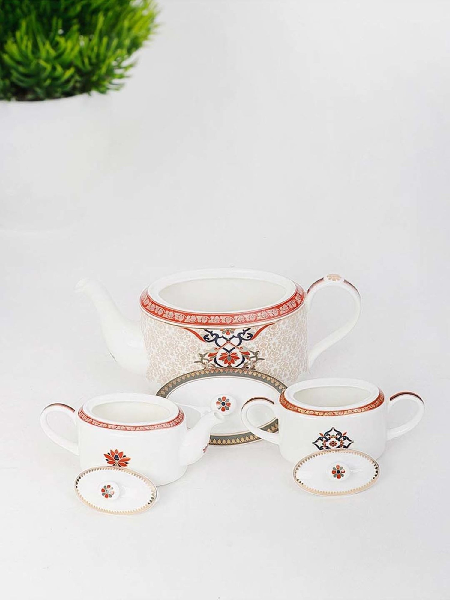 Fabindia Home Jodha Red & White Ceramic Beverage Set