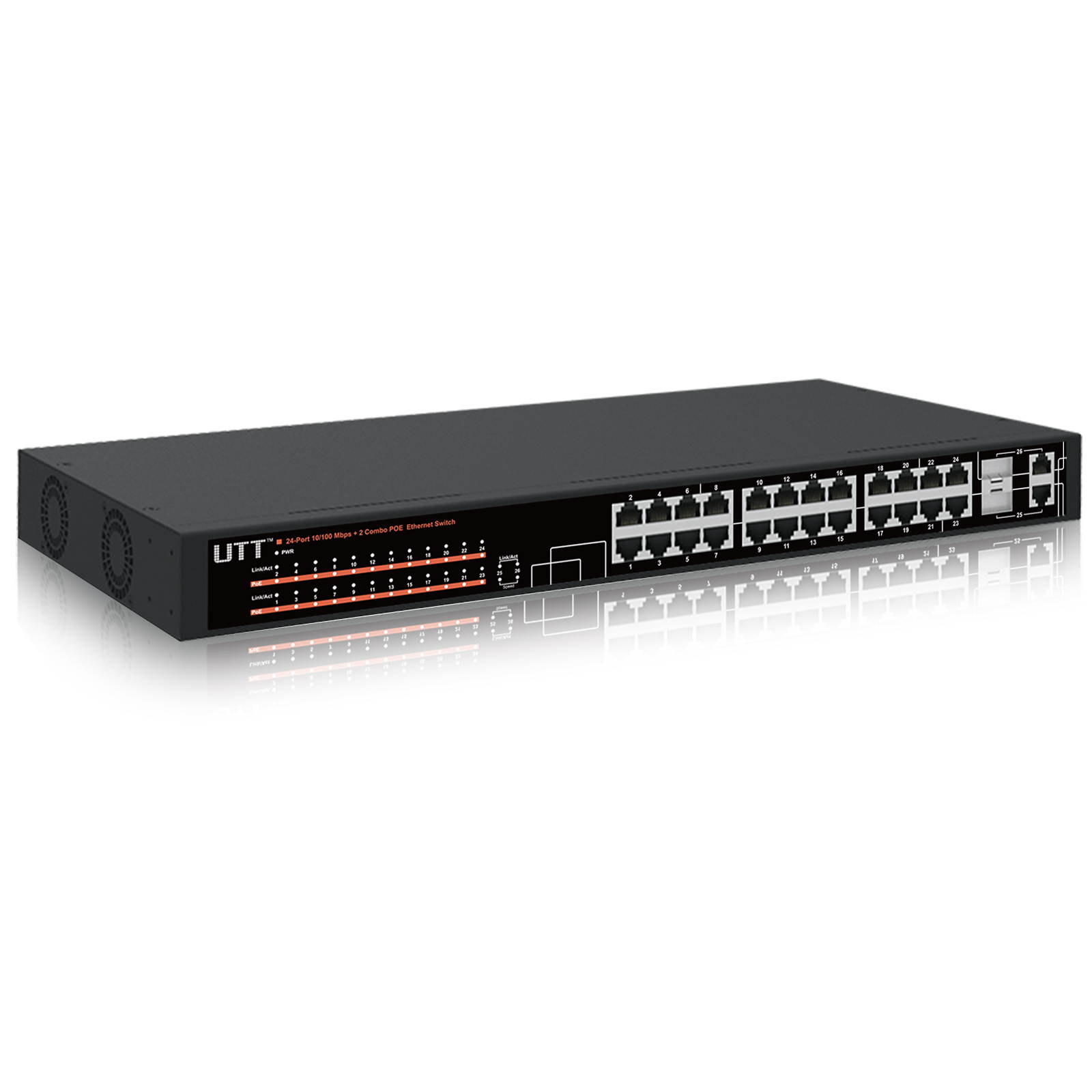 UTT S1242P 24-Port Unmanaged Fast Ethernet PoE Switch, 24 PoE Ports 260W, 802.3af/at, Additional 2-Combo Ports Gigabit for Uplinks, Ideal for IP Cameras
