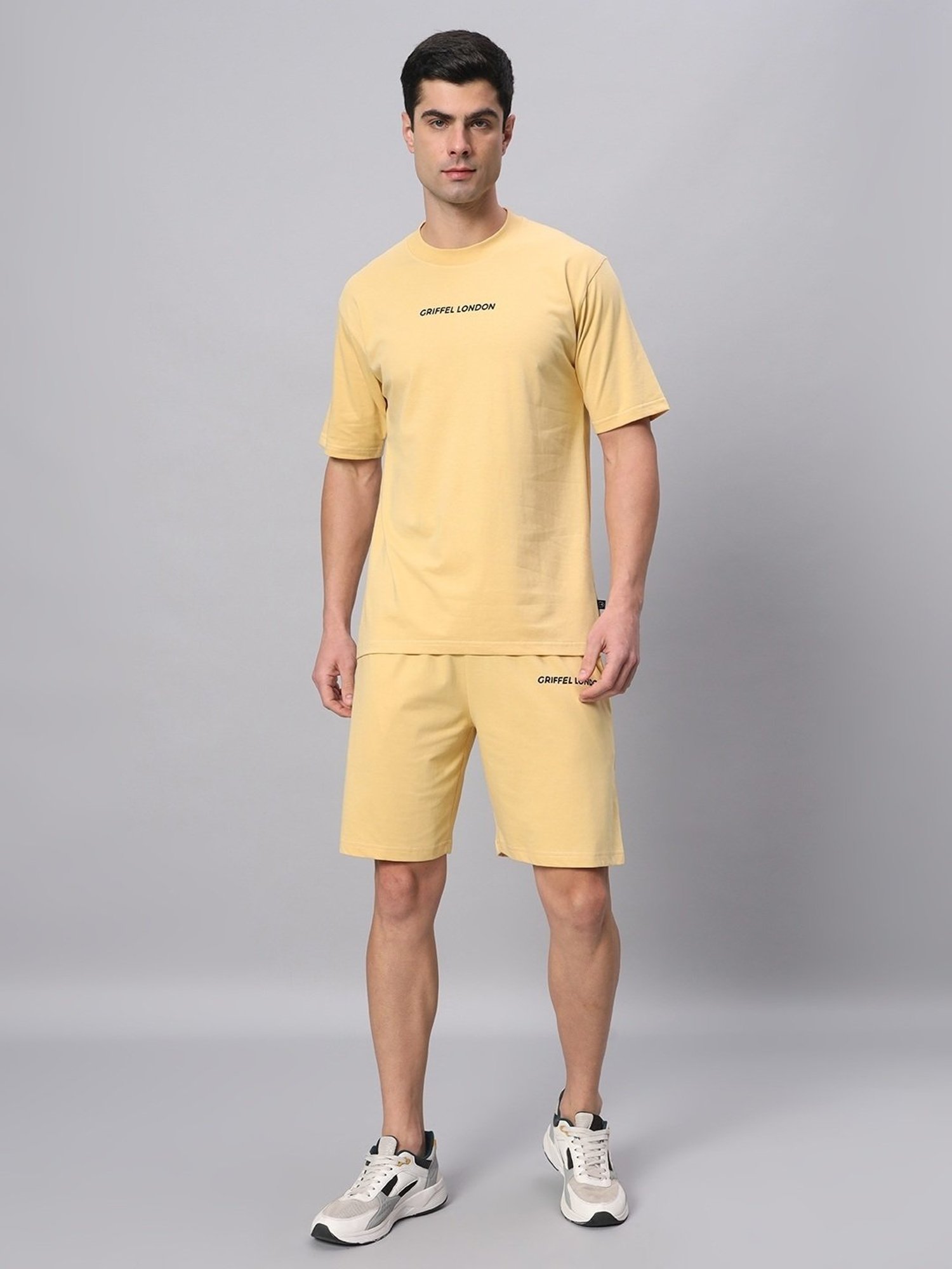 Griffel Yellow Cotton Loose Fit Logo Printed Co-Ord Set