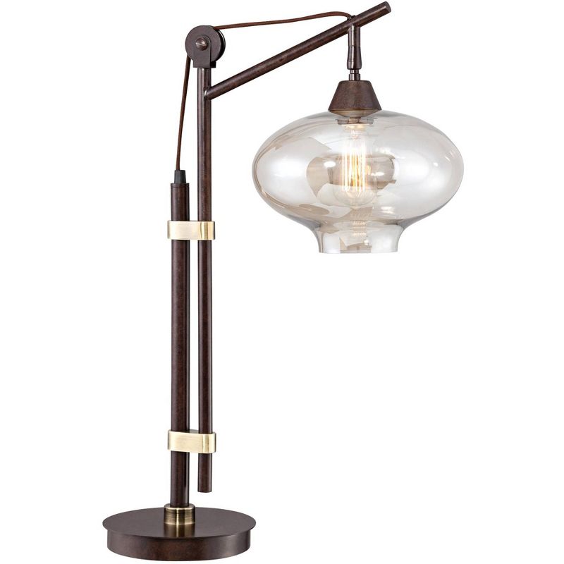 Franklin Iron Works Industrial Desk Table Lamp Antique Bronze Brass Cognac Glass Shade Edison Style for Living Room Bedroom Office