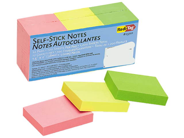 Redi-Tag 23701 Self-Stick Notes, 1 1/2 x 2, Neon, 12 100-Sheet Pads/Pack