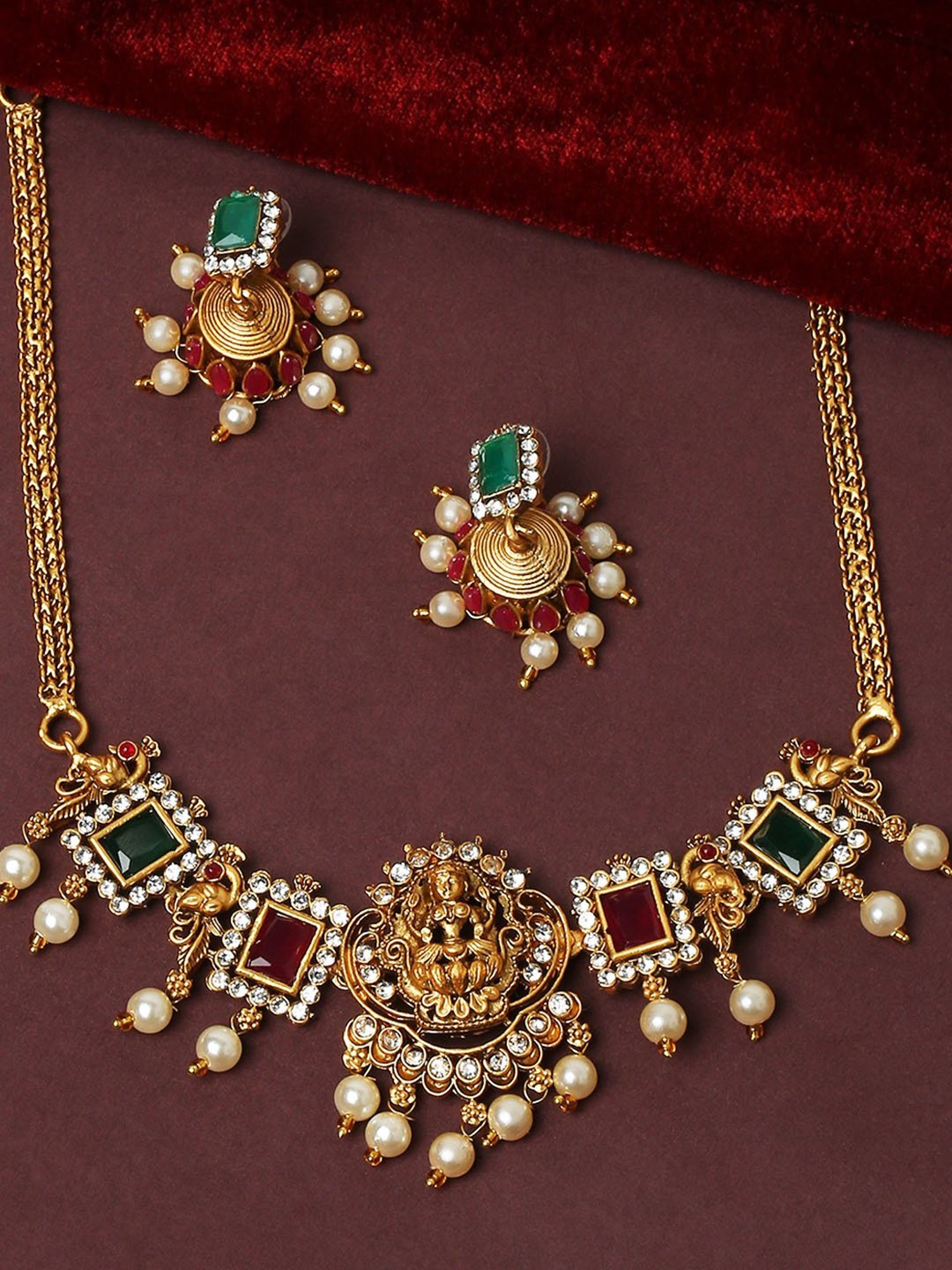 OOMPH Antique Gold Tone Red & Green Stone & Beads Choker Necklace Set with Jhumka Earrings