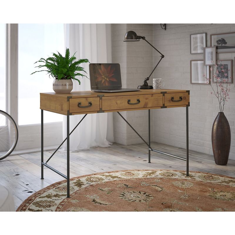 Kathy Ireland Office Ironworks Writing Desk In Vintage Golden Pine - Bush Furniture