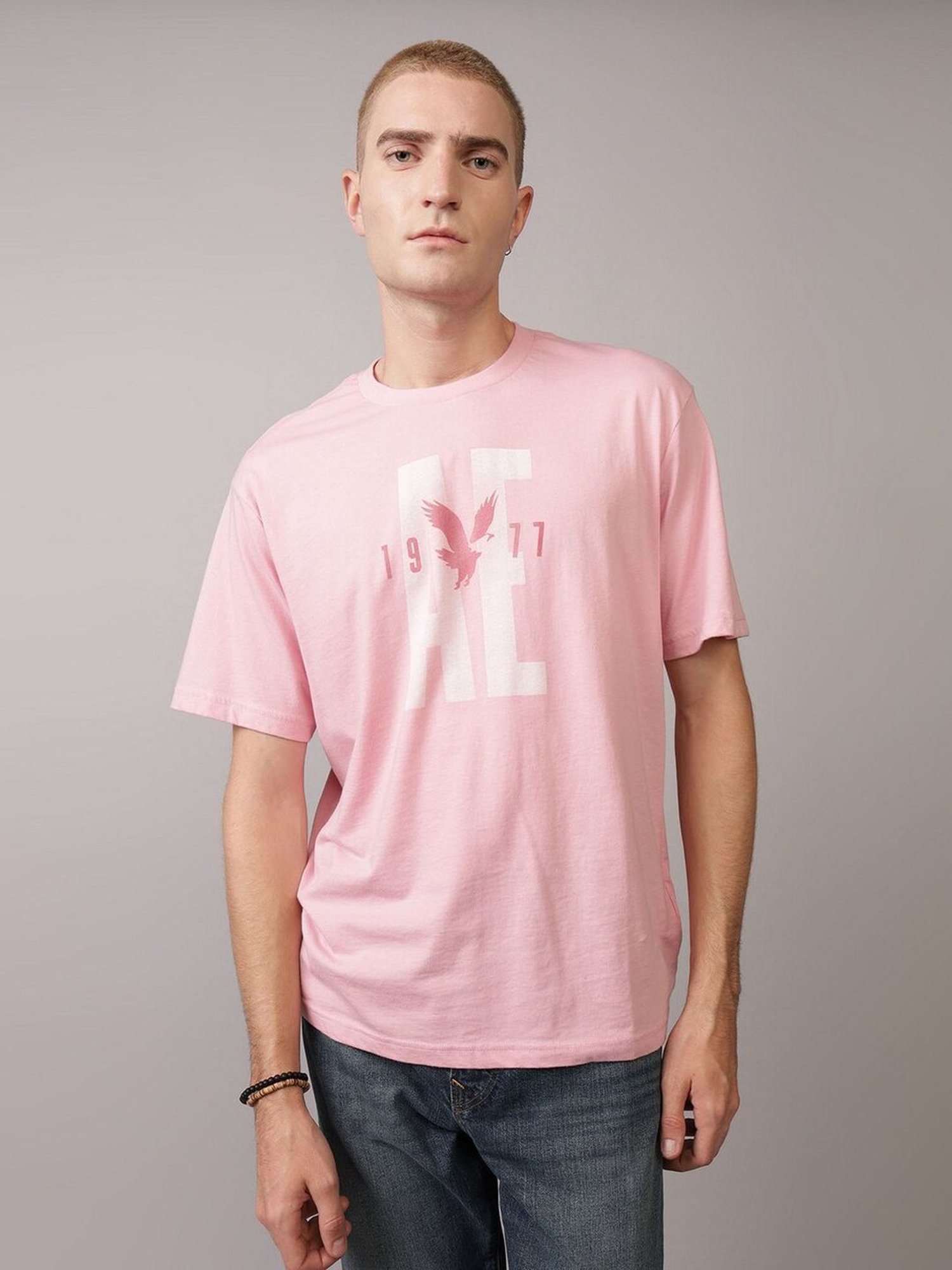 American Eagle Pink Regular Fit Printed T-Shirt