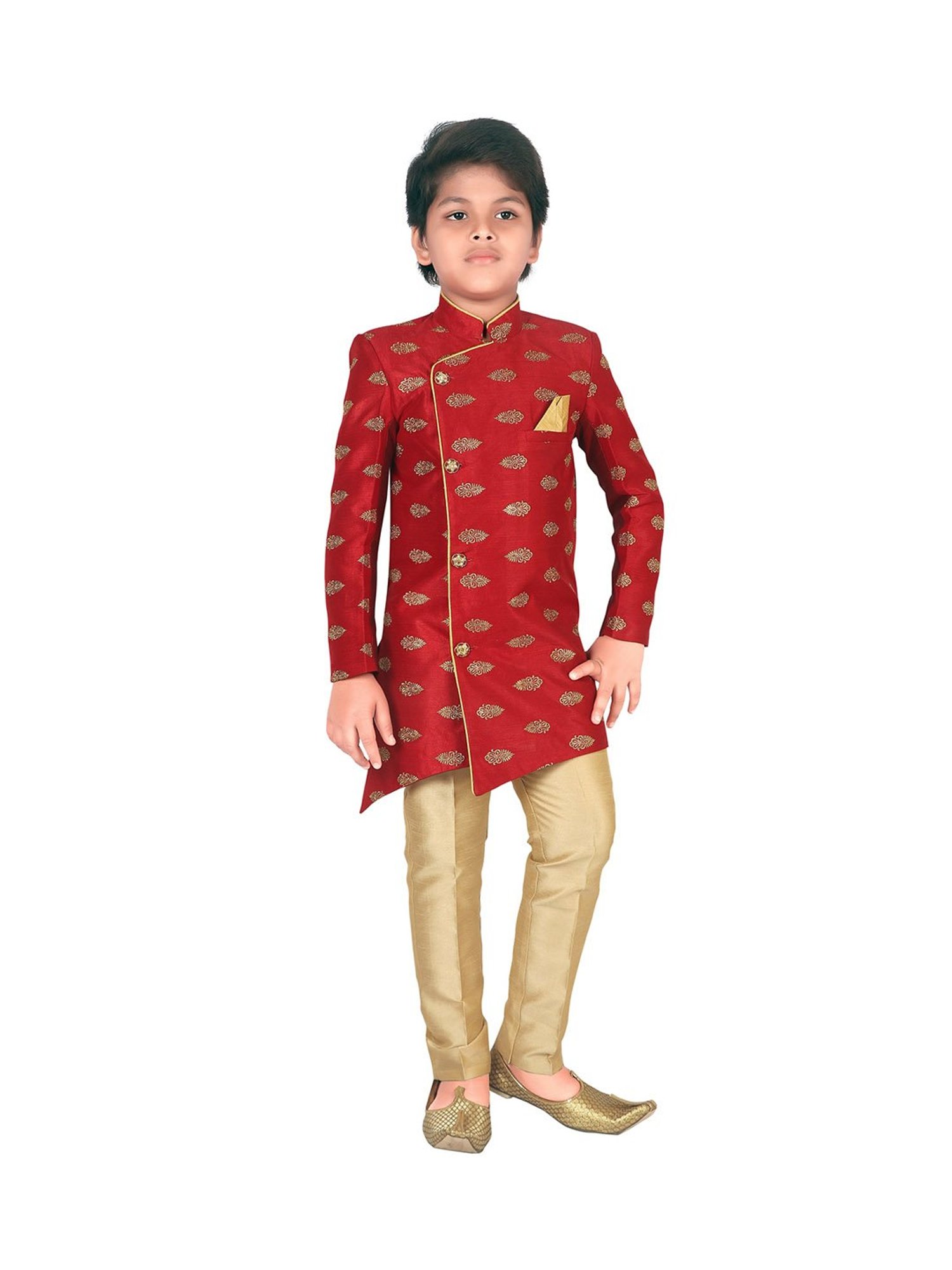 Ahhaaaa Kids Maroon & Gold Embroidered Kurta with Pajamas