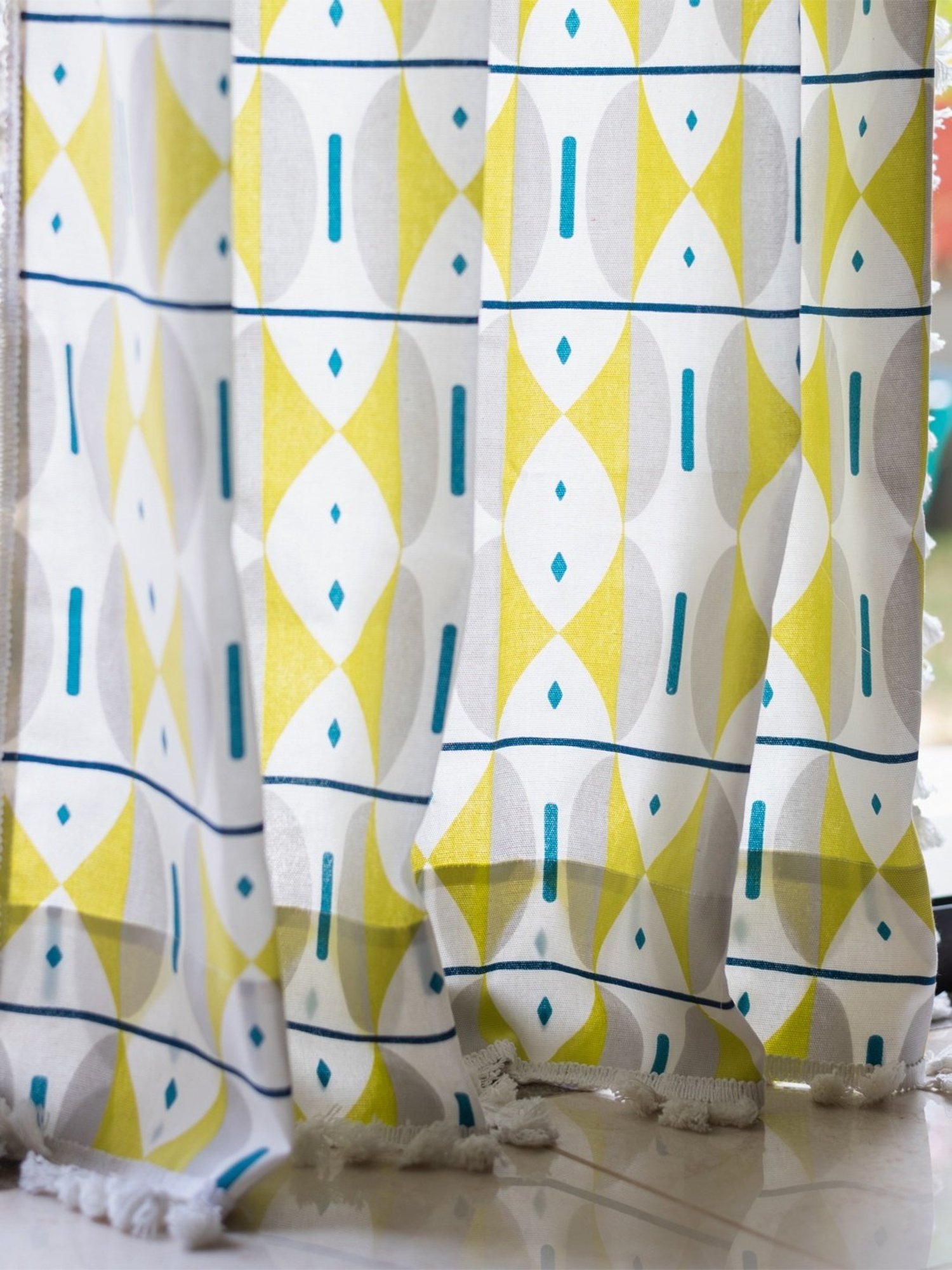 Urban Space Printed Yellow & White Cotton 5 ft Boho Window Curtain
