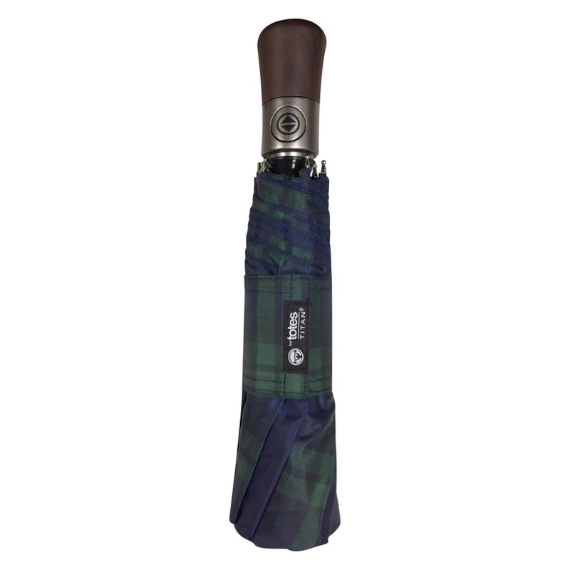 Totes Titan Plaid Automatic Open Close Windproof & Water-Resistant Foldable Compact Umbrella - Navy