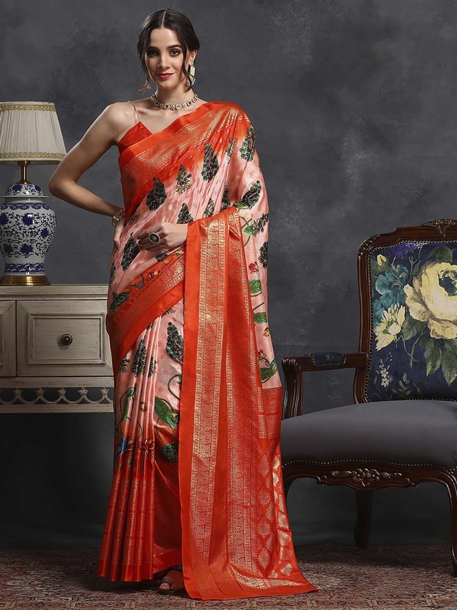 Saree Mall Pink & Orange Silk Printed Saree With Unstitched Blouse