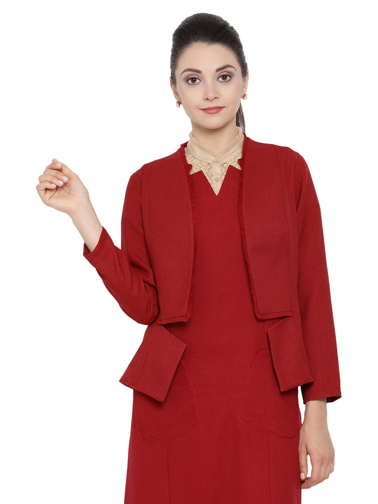 Office & You Red Silk Linen Jacket With Fringes