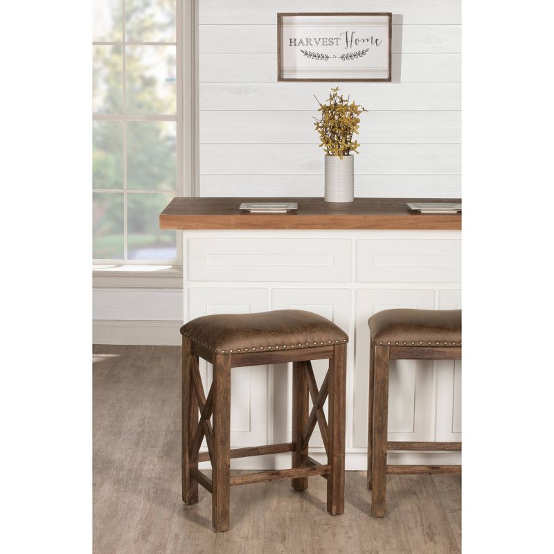 Wooden Barstool with Padded Seat and Open Backrest Blue/Brown - Benzara