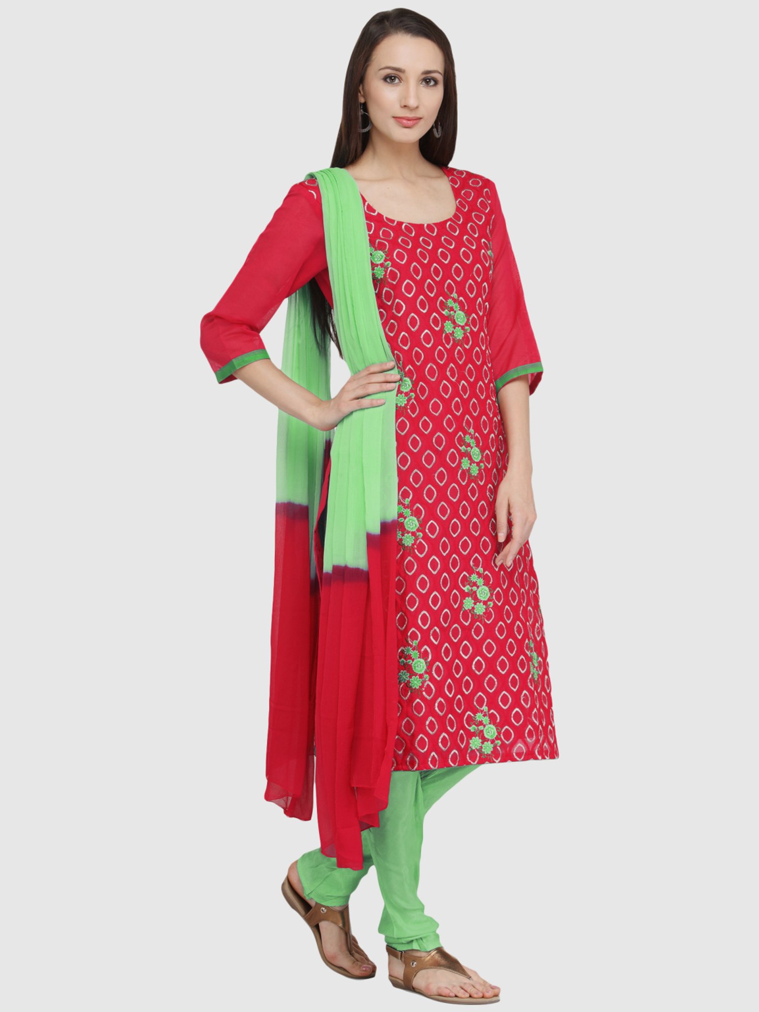 Chhabra 555 Red & Green Embroidered Unstitched Dress Material