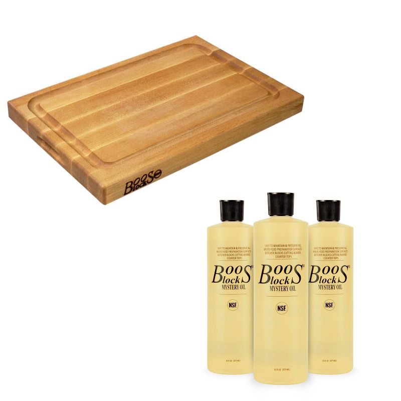 John Boos BBQBD Maple Hardwood Juice Groove Cutting/Carving Board with Mystery Wood Maintenance Oil 3 Pack