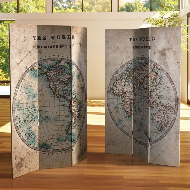 6" Double Sided Vintage Globe Canvas Room Divider Beige - Oriental Furniture