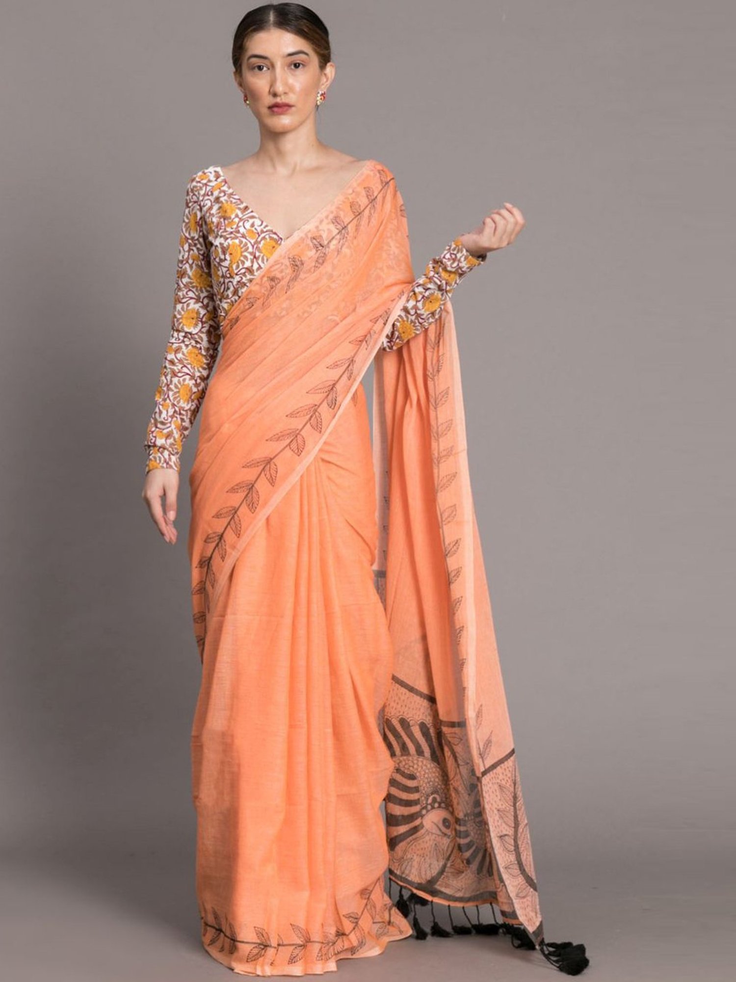 Suta Orange Cotton Printed Saree Without Blouse