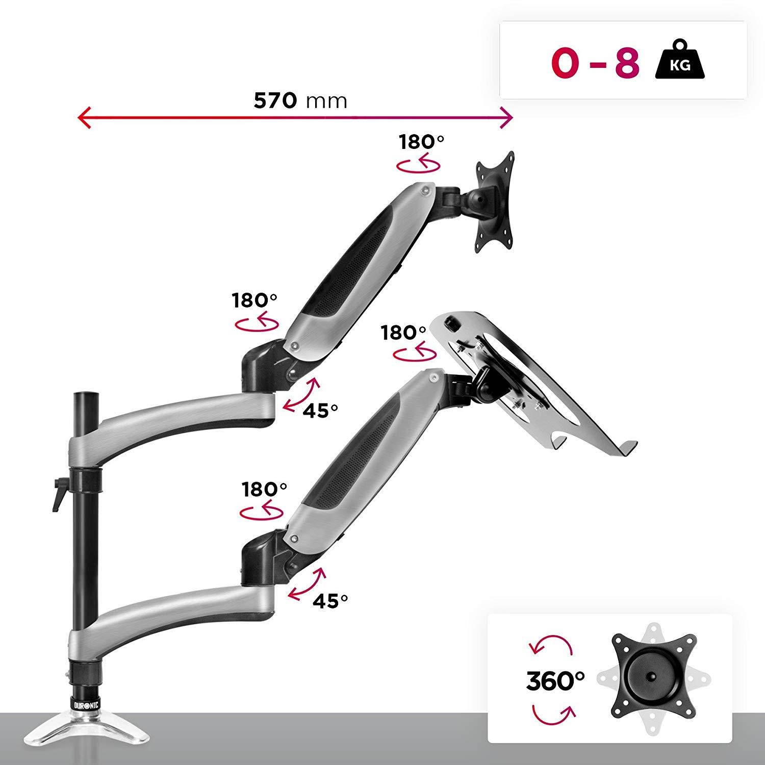 Duronic Desk Mount DM65L1X1 | Single Monitor Stand for 15&rdquo;-27&rdquo; LCD/LED PC/TV Screen and Laptop | Dual Arms | Adjustable Support | VESA 75/100 Bracket (Tilt: -90&deg;/+85&deg; | Swivel: 180&deg; | Rotate: 360&deg;)