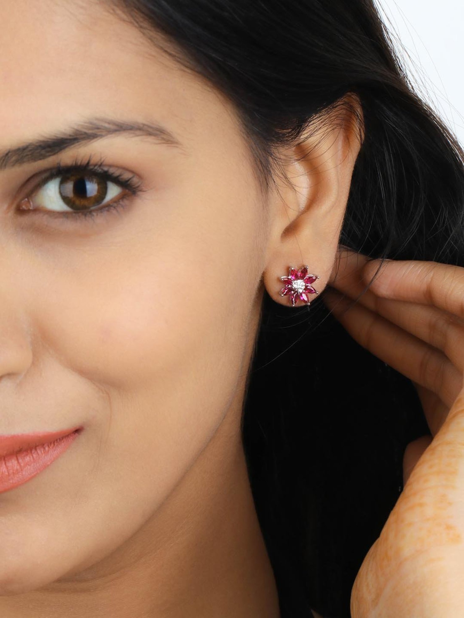 925 Silver Red Ruby and American Diamond Flower Stud Earrings for Women & Girls