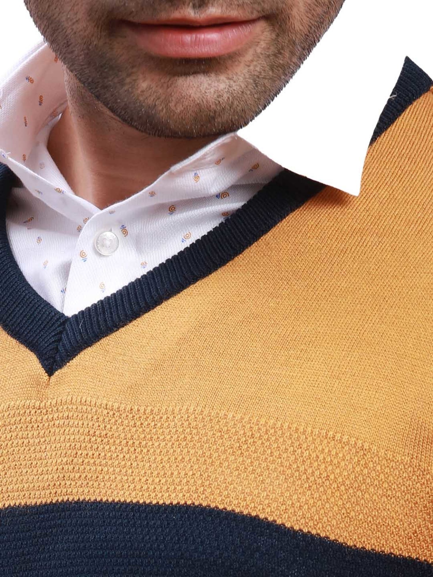 Parx Yellow Regular Fit Striped Sweater