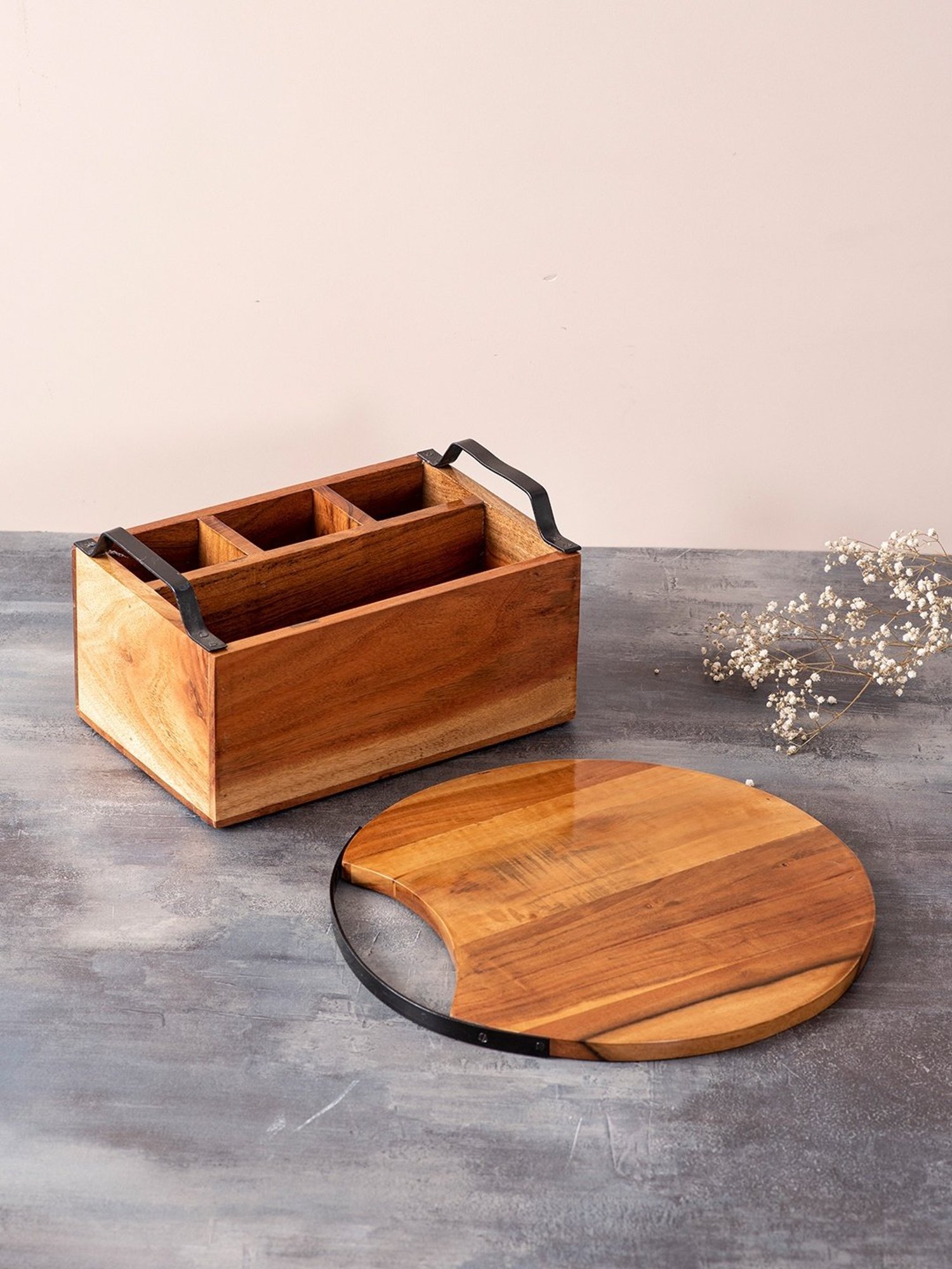 Nestroots Brown Wood Cutlery Holder & Cheese Board Combo