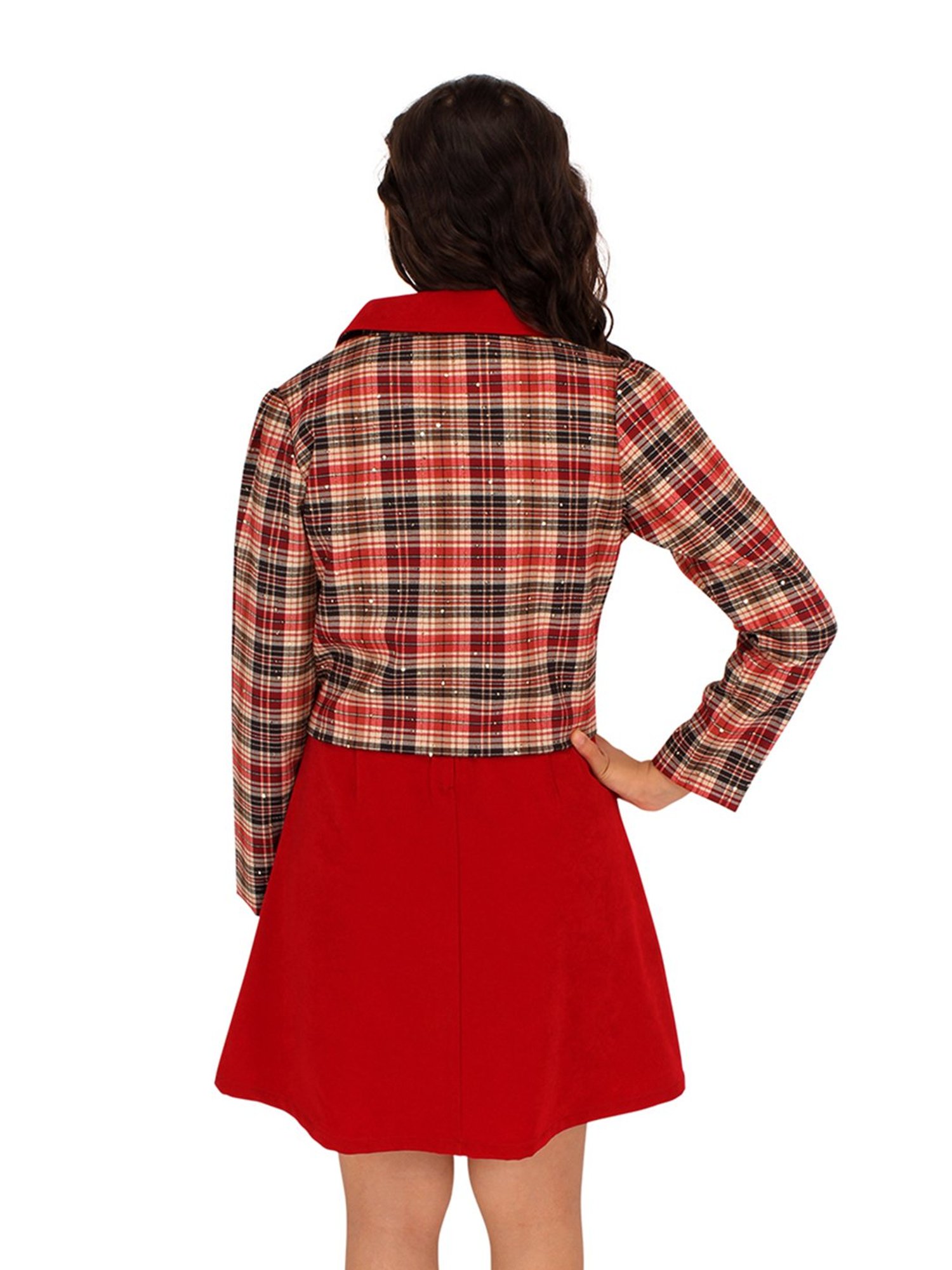 Cutecumber Kids Maroon Checks Full Sleeves Dress with Shrug