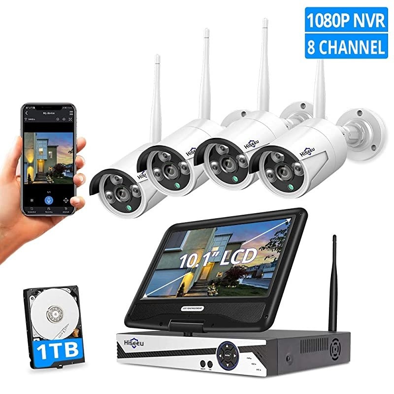 8CH Expandable, 2K]  All-in-one with 8CH 10.1" 1296P Monitor Wireless Security Camera System, 4pcs 3MP Indoor/Outdoor Wireless Home Security Camera System, Remote Access, One-way Audio, 1TB HDD