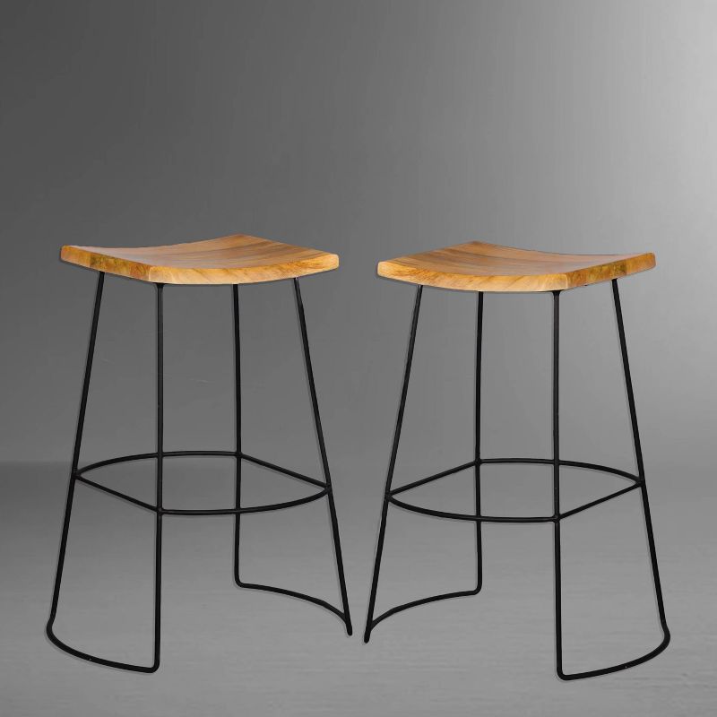 Wooden Barstool with Padded Seat and Open Backrest Blue/Brown - Benzara