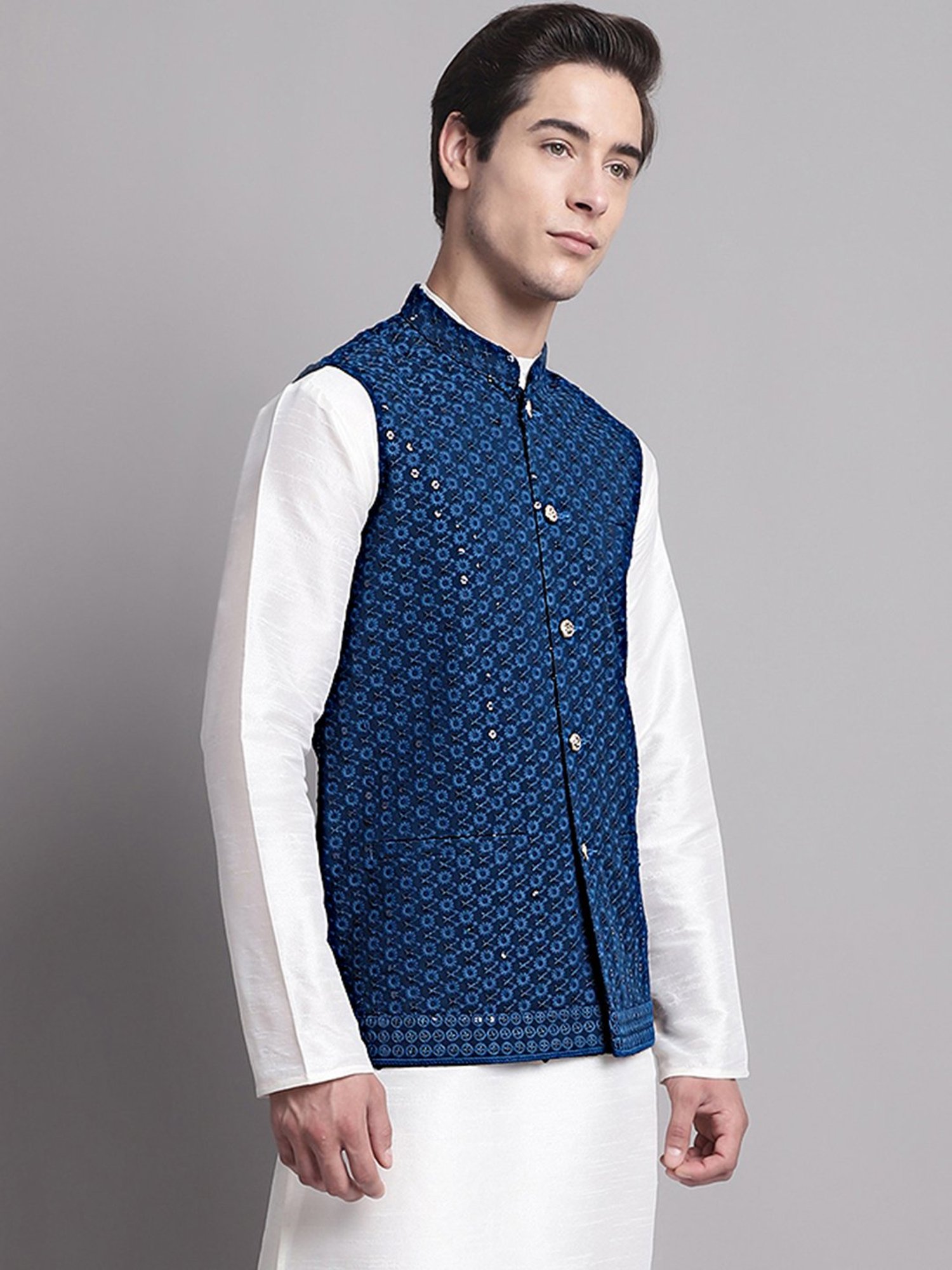 Jompers Navy Regular Fit Embroidered Nehru Jacket