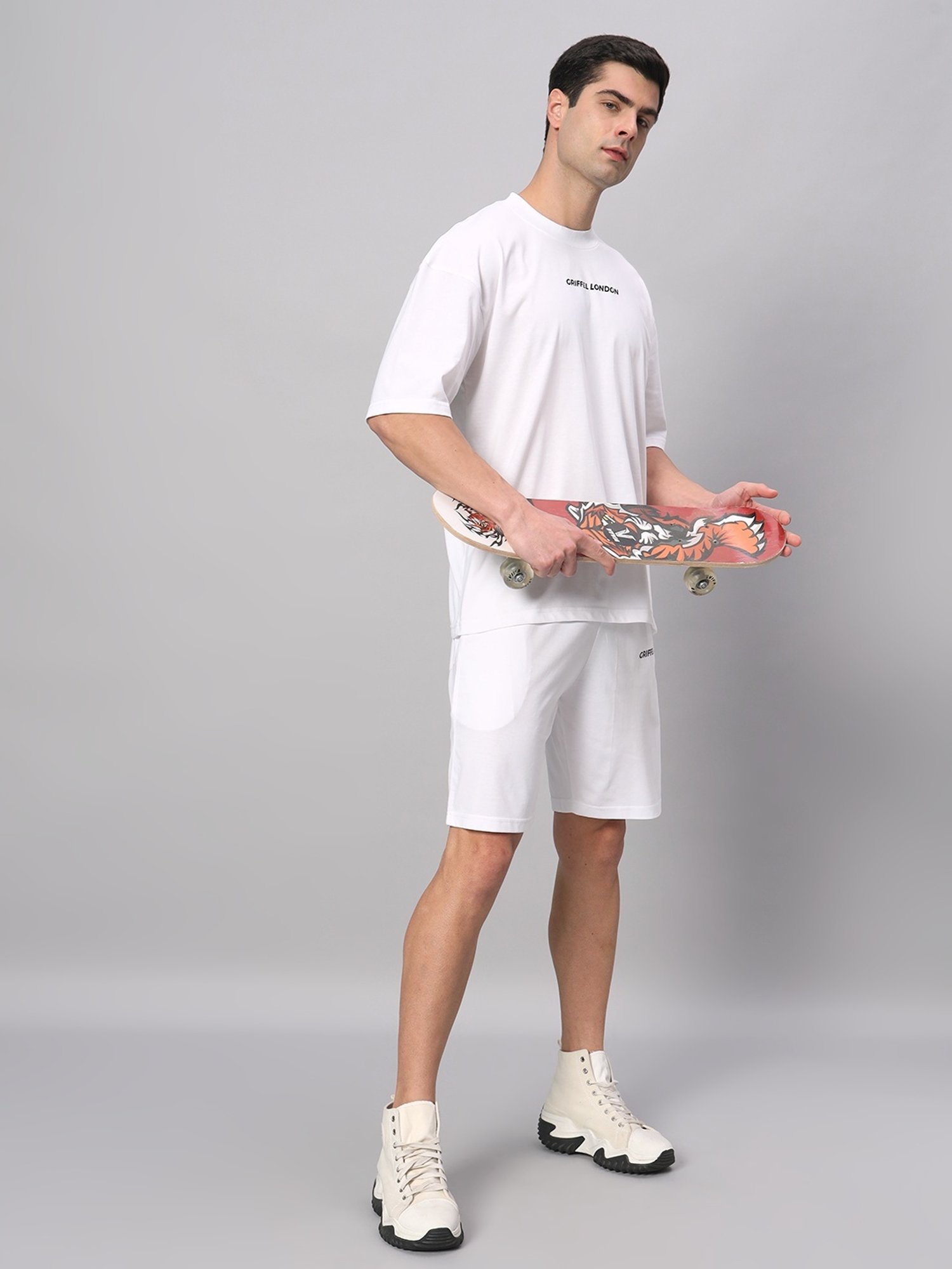 Griffel White Cotton Loose Fit Printed T-Shirt