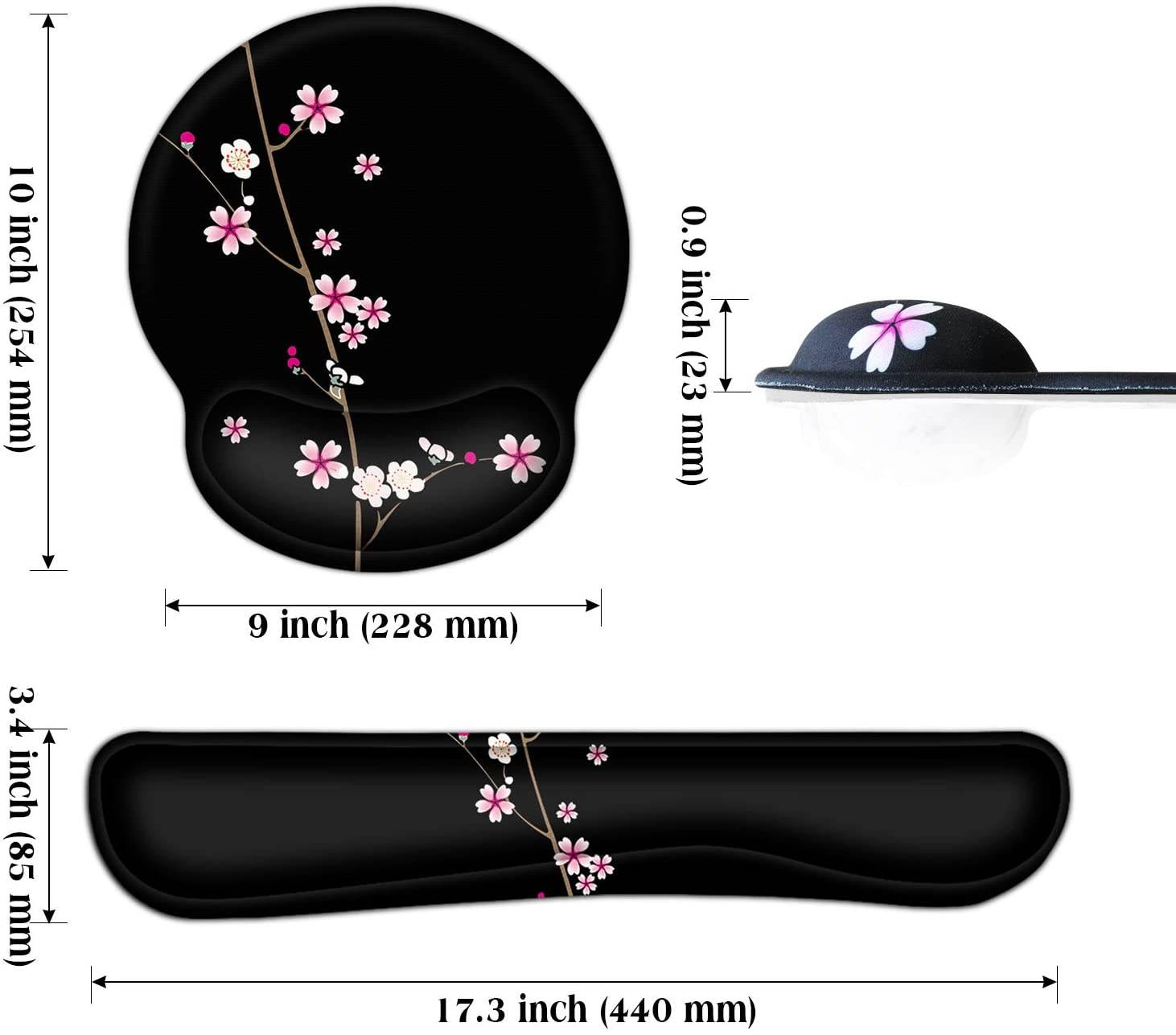 Meffort Inc Mouse Pad Wrist Support & Gaming Keyboard Wrist Pad Combo Set &ndash; Durable Ergonomic Anti Slip Non-Slip Round Base Rest Support - Plum Blossoms Design