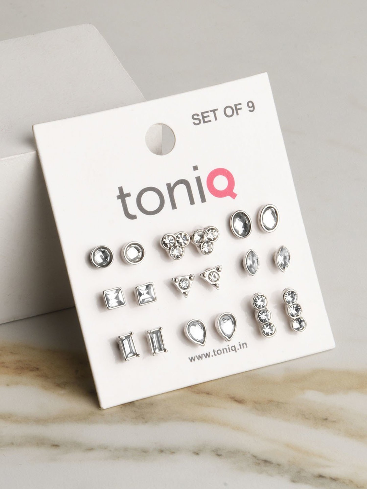 ToniQ Silver Plated Stud Earrings For Women - Set Of 9
