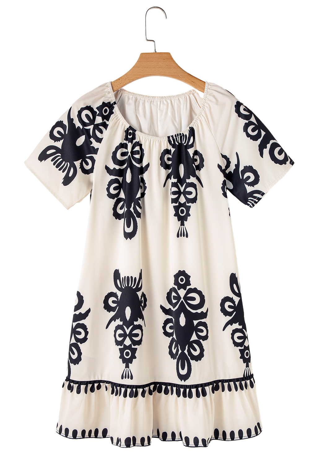 White Frill Mock Neck Sleeveless Tiered Floral Dress