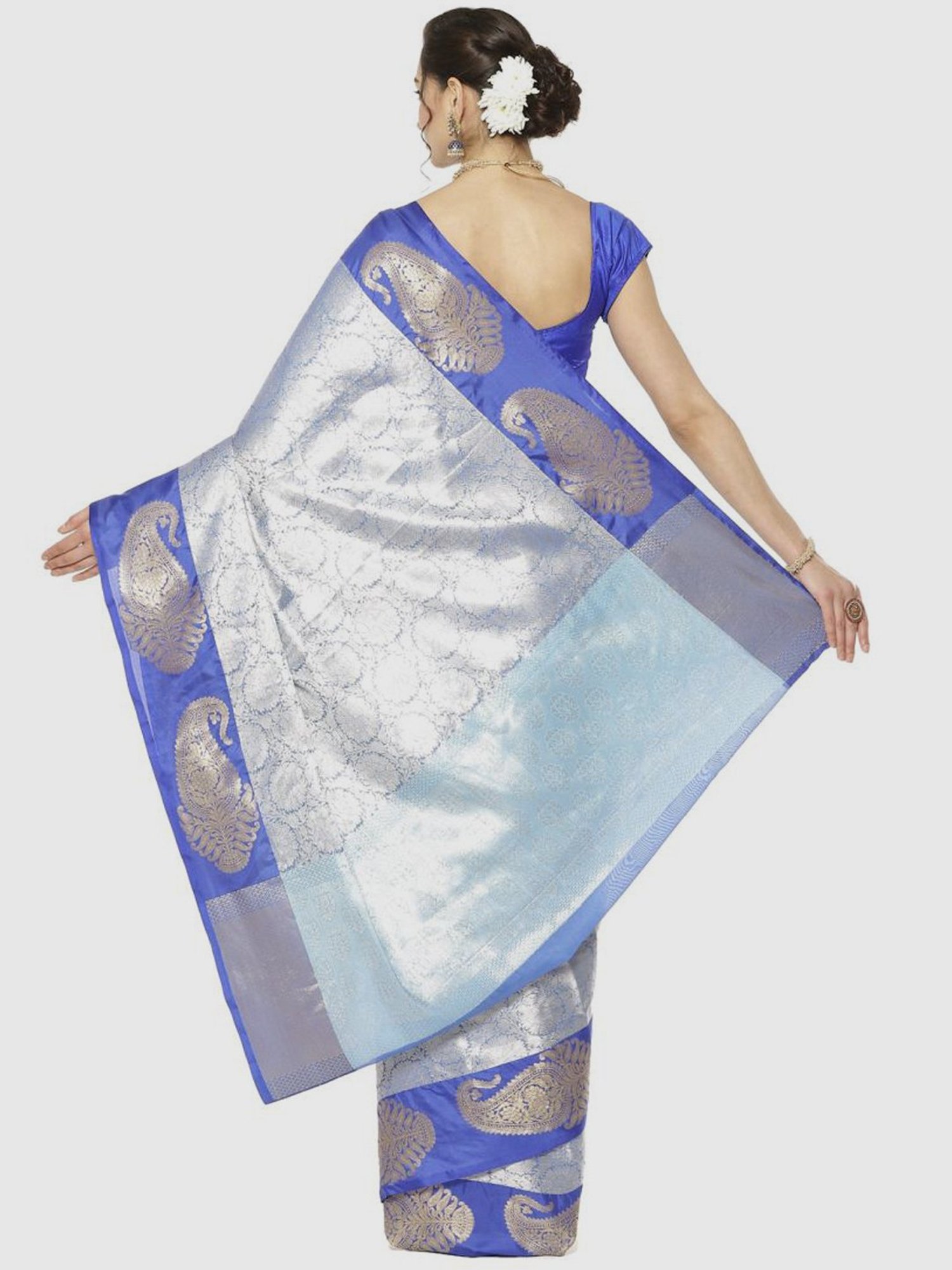 Banarasi Silk Works Blue Woven Saree With Unstitched Blouse