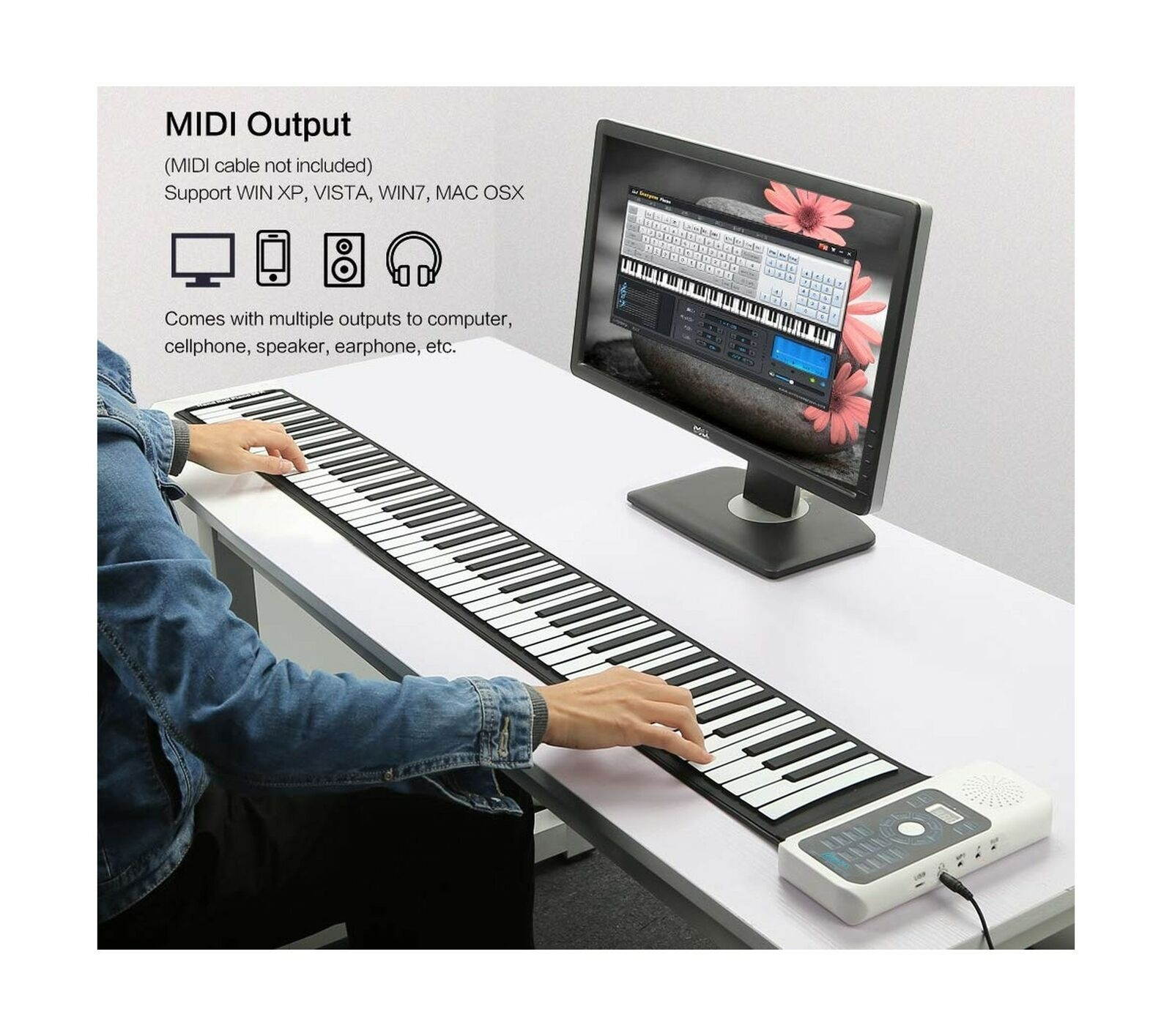 Lujex Standard 88 Keys Portable Roll Up Piano for Kids Adults (White, 88Keys)