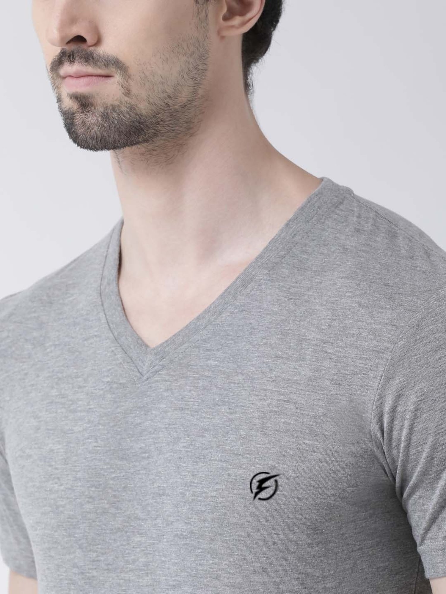 Friskers Grey & Turquiose Blue Cotton Slim Fit T-Shirt