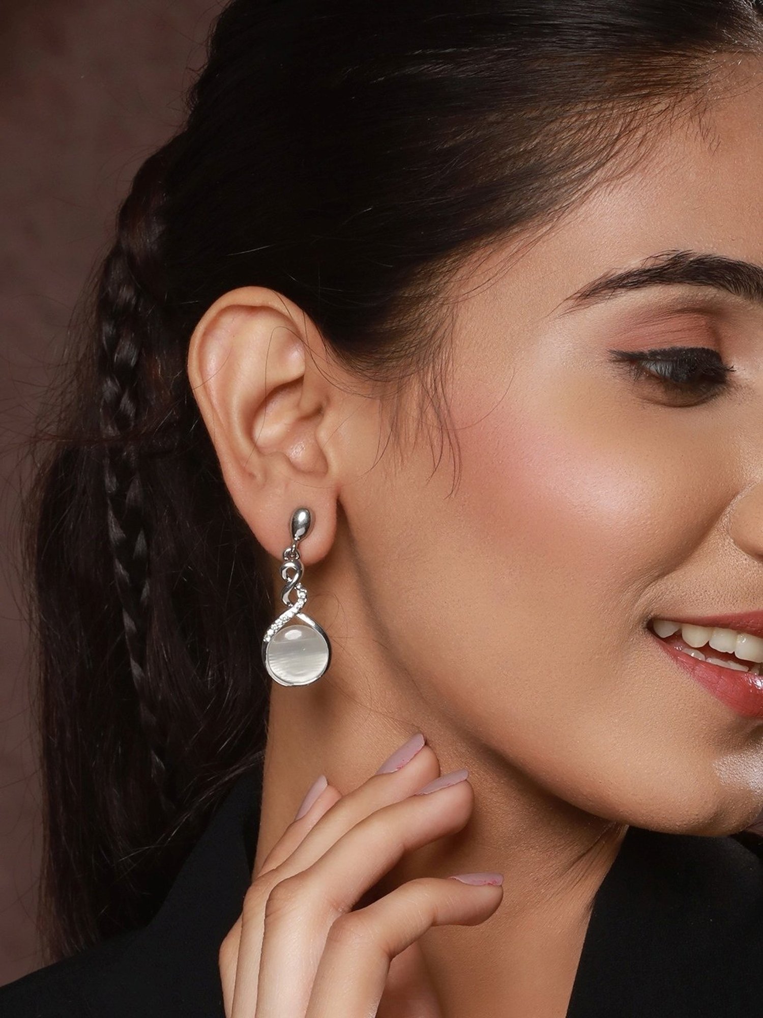 Prita by Priyaasi Twisted Tear Studded AD Silver-Plated Dangler Earrings