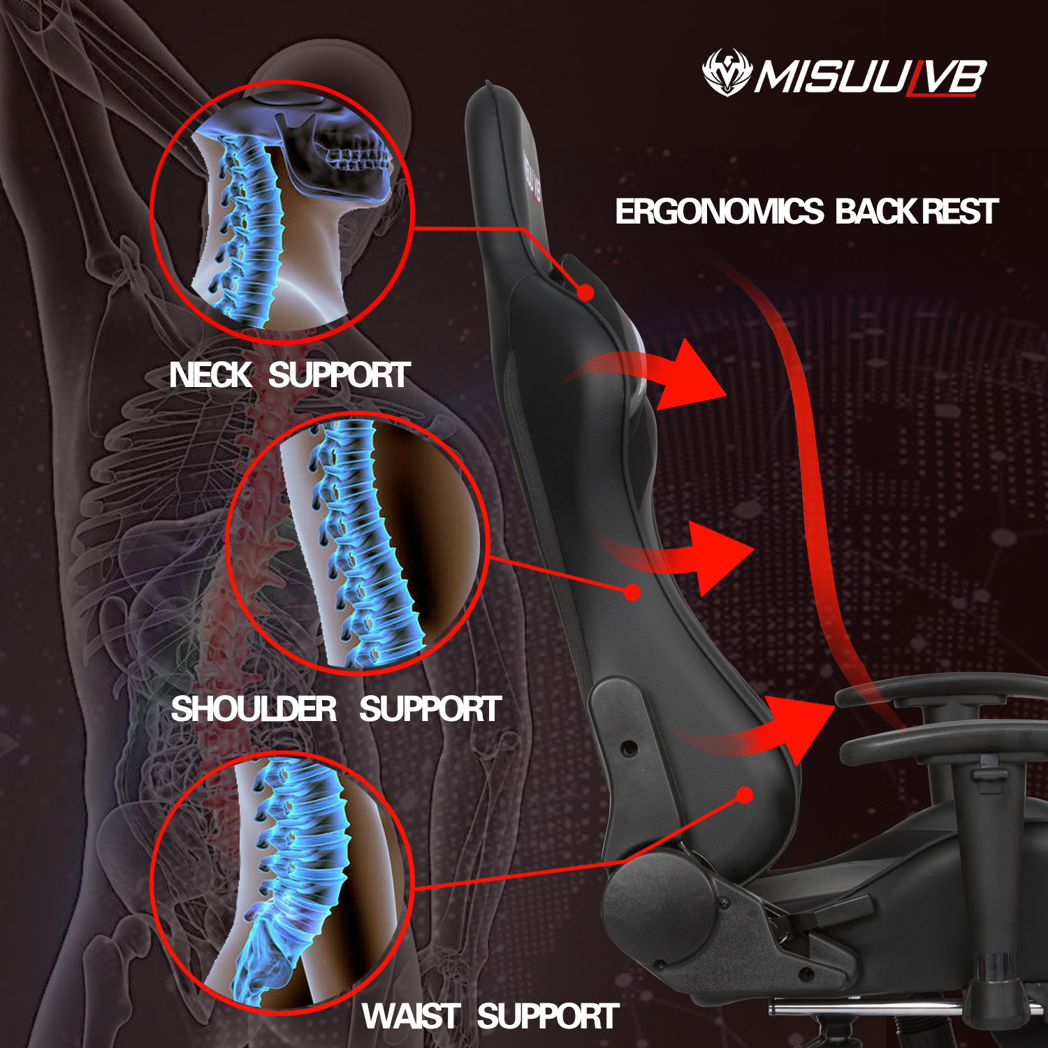 Gaming Chair, Racing Style Computer Desk Chair Padded Armrests Ergonomic Lumbar Support Adjustable Height