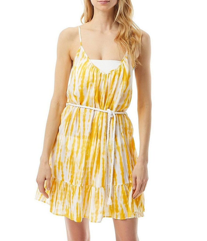 Tommy Bahama Midnight Orchid Tropical Print Scoop Neck Ruffle Hem Spa Dress