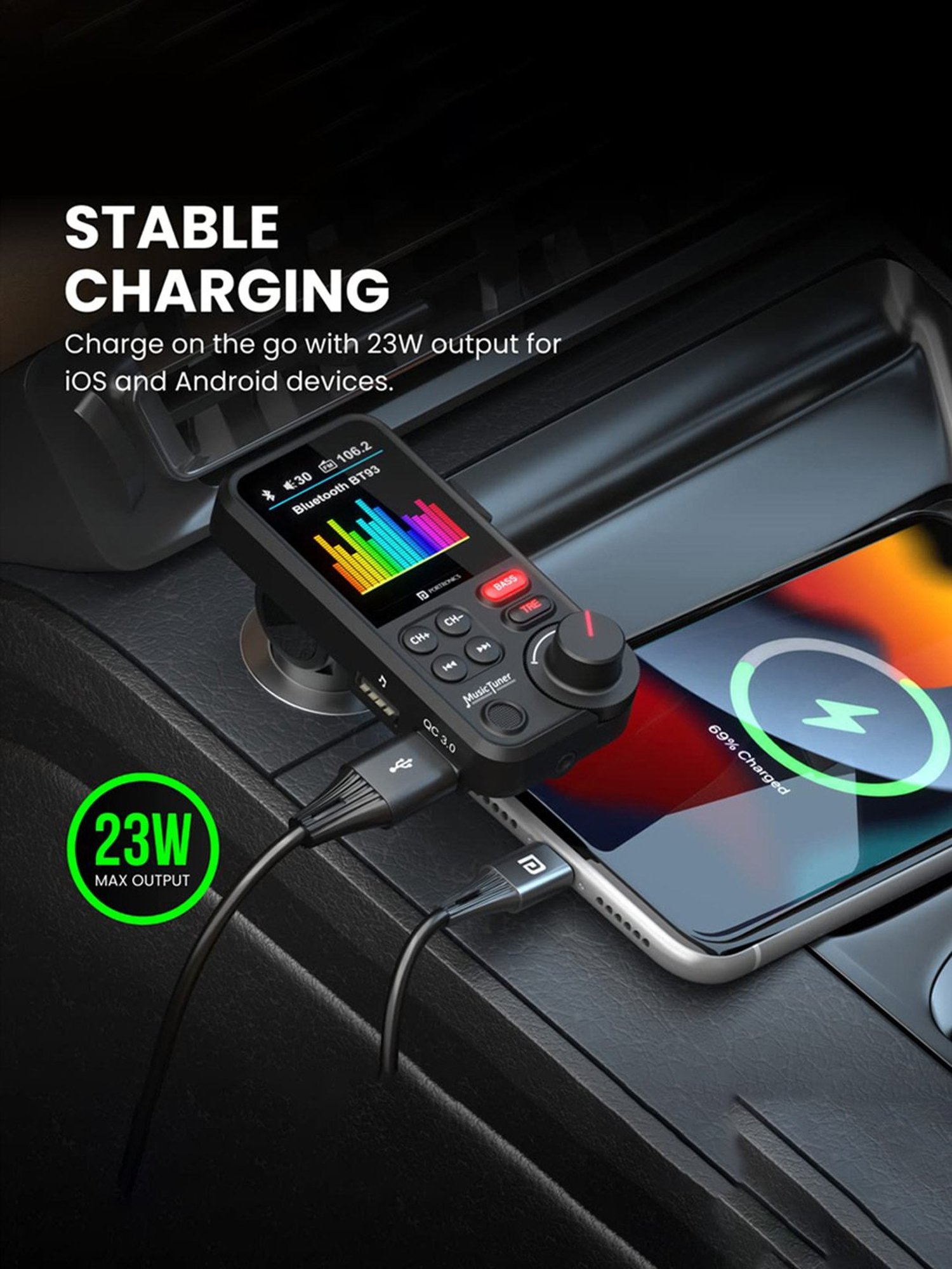 Portronics POR-1733 Auto One Smart Car Charger & Music Streamer with Bluetooth 5.0 (Black)