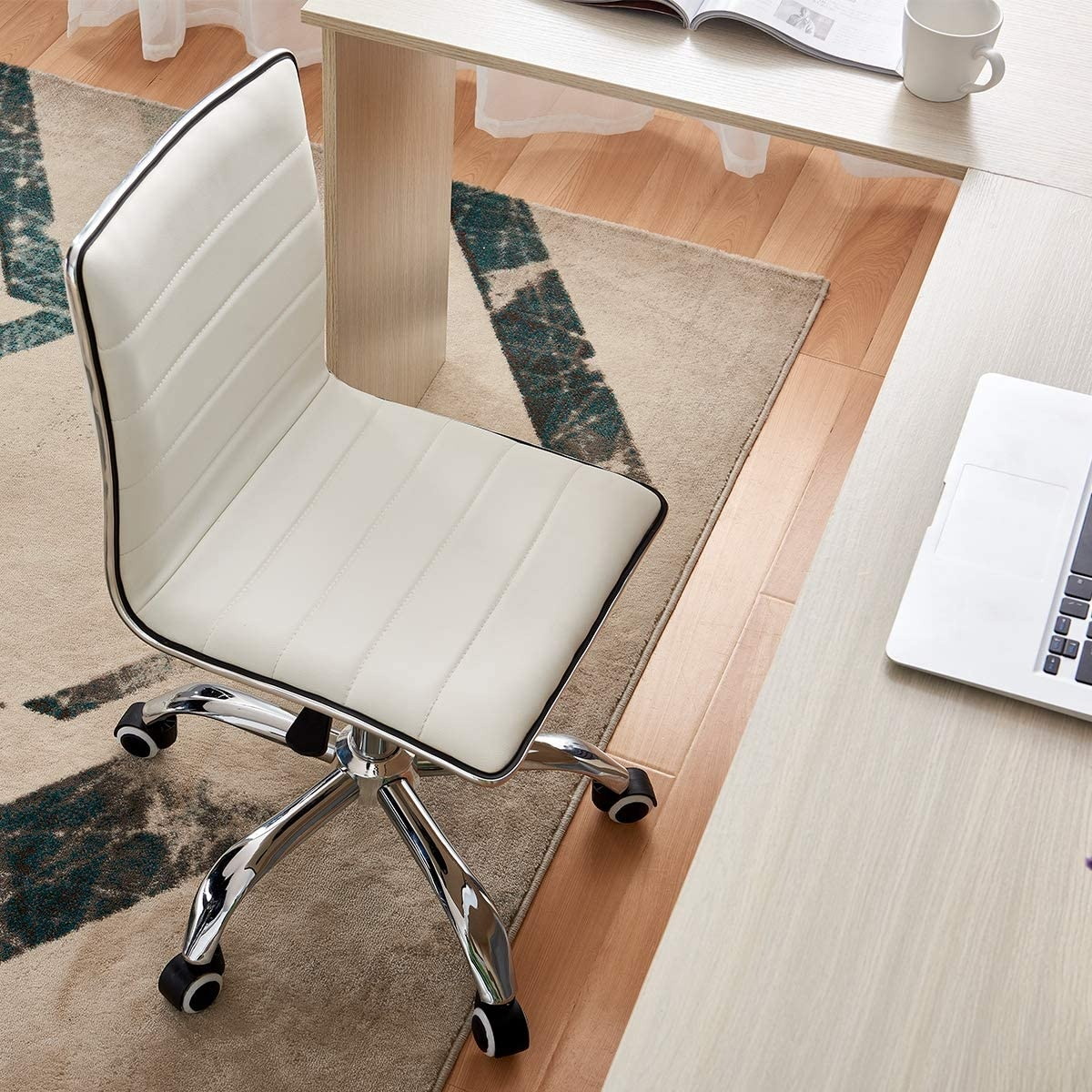 Ribbed Swivel Desk Chair Adjustable Task Chair PU Leather Mid Back Rolling Office Chair with Wheels Padded Task Conference Chair with Backrest for Office Home Computer Without Arms, White