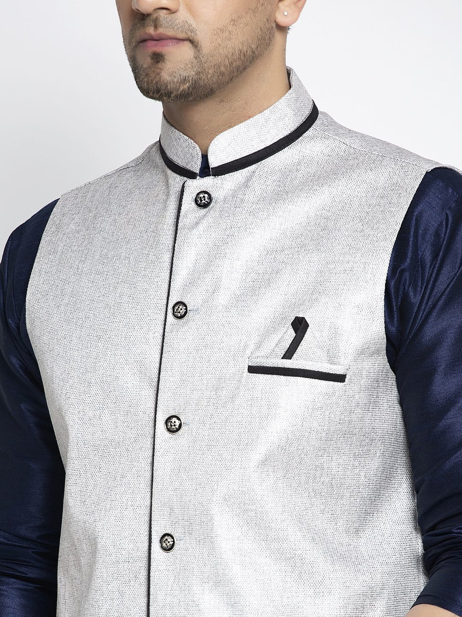 Benstoke Navy Blue & Grey Regular Fit Kurta Set With Jacket