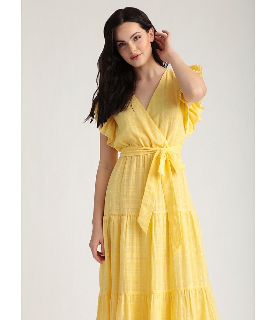 Maggy London Textured Tonal Plaid Faux Wrap Midi Dress