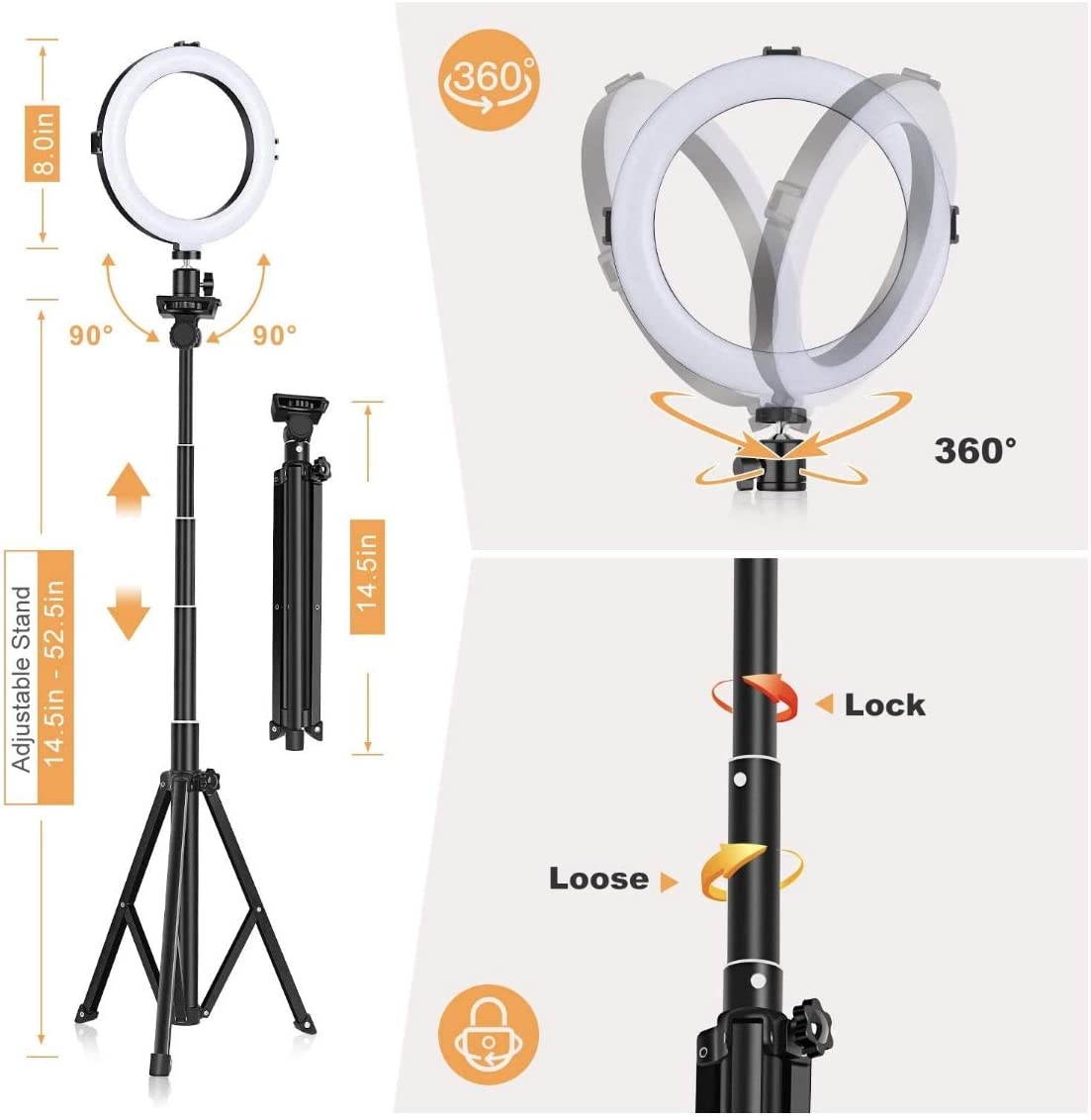 8" Ring Light with Tripod Stand - Dimmable Selfie Ring Light LED Camera Ringlight with Tripod and Phone Holder for Live Stream/Makeup/YouTube Video, Compatible for iPhone Android, Remote(Upgraded)