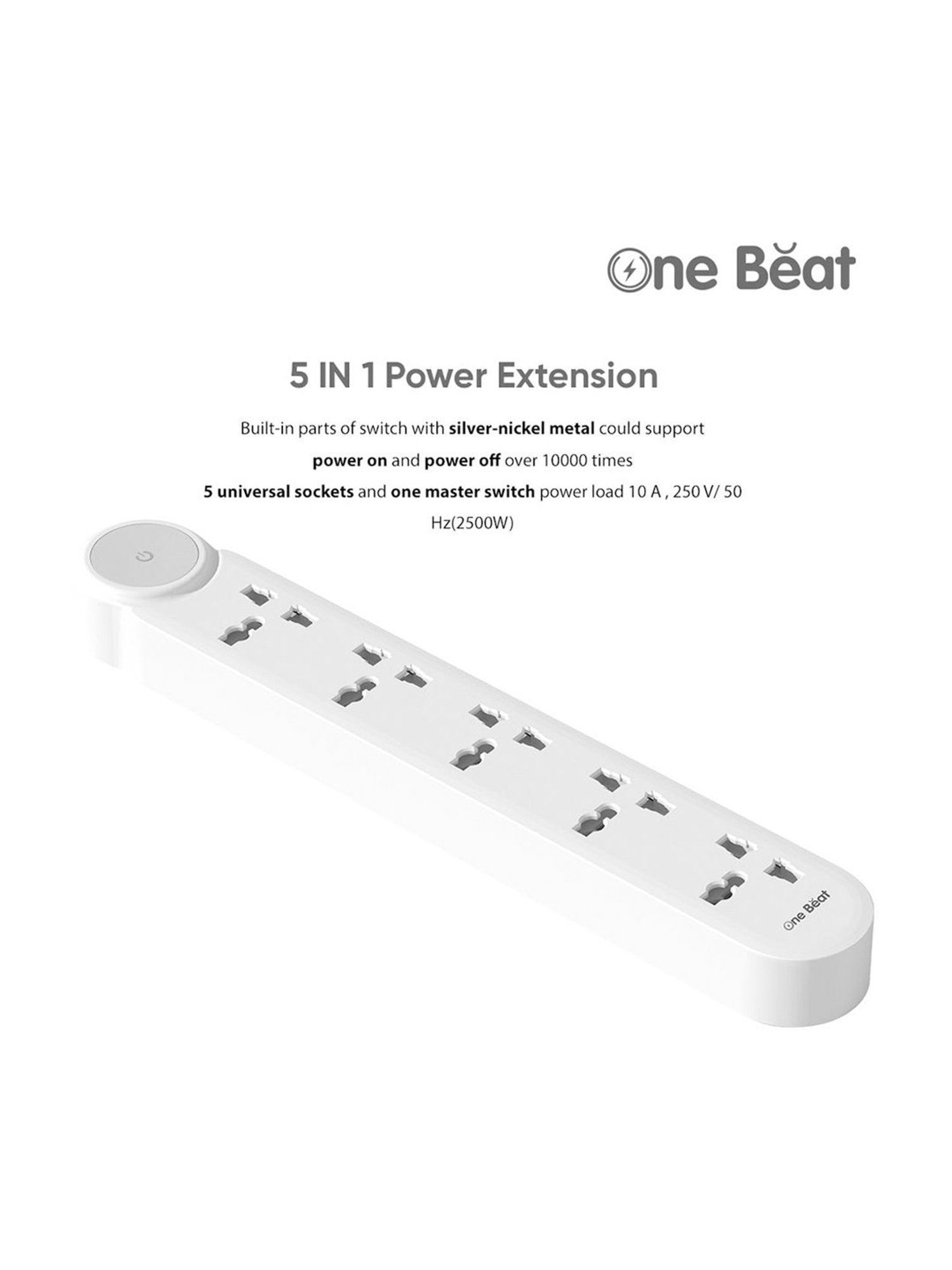 One Beat GO 5 Power Extension Board, 5 AC Outlests with 2500 W & 2 Meter Cord (White)