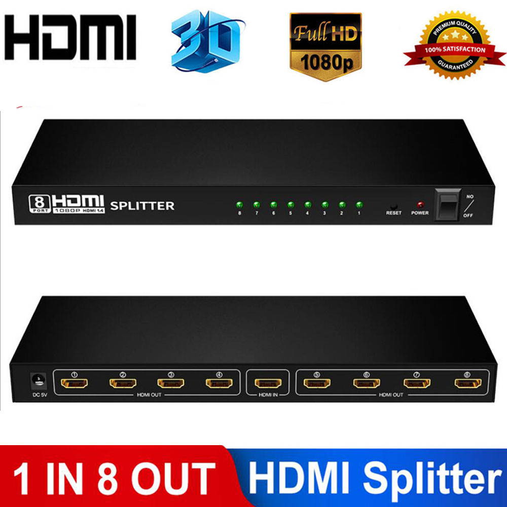 4K 1x8 HDMI Splitter, 1 in 8 Out HDMI Splitter Audio Video Distributor Box Support Full HD 3D & 4K x 2K Compatible for PS 3/4, Xbox,HDTVs, projectors, PC monitors,Blu-ray DVD player- Adapter Included