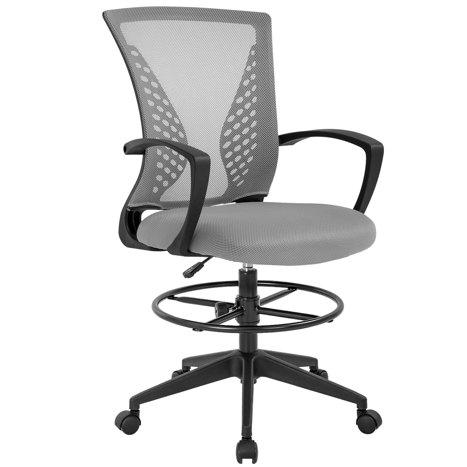 Drafting Chair Tall Office Chair Adjustable Height with Arms Foot Rest Back Support Rolling Swivel Desk Chair Mesh Drafting Stool for Standing Desk Adults Men(Grey)