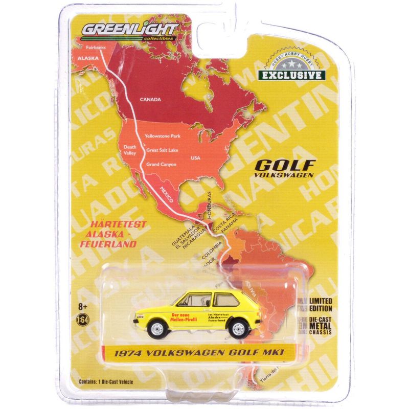 1974 Volkswagen Golf Mk1 "Pirelli" Yellow w/Red Stripe "Hartetest Alaska-Feuerland" Car #2 1/64 Diecast Model Car by Greenlight