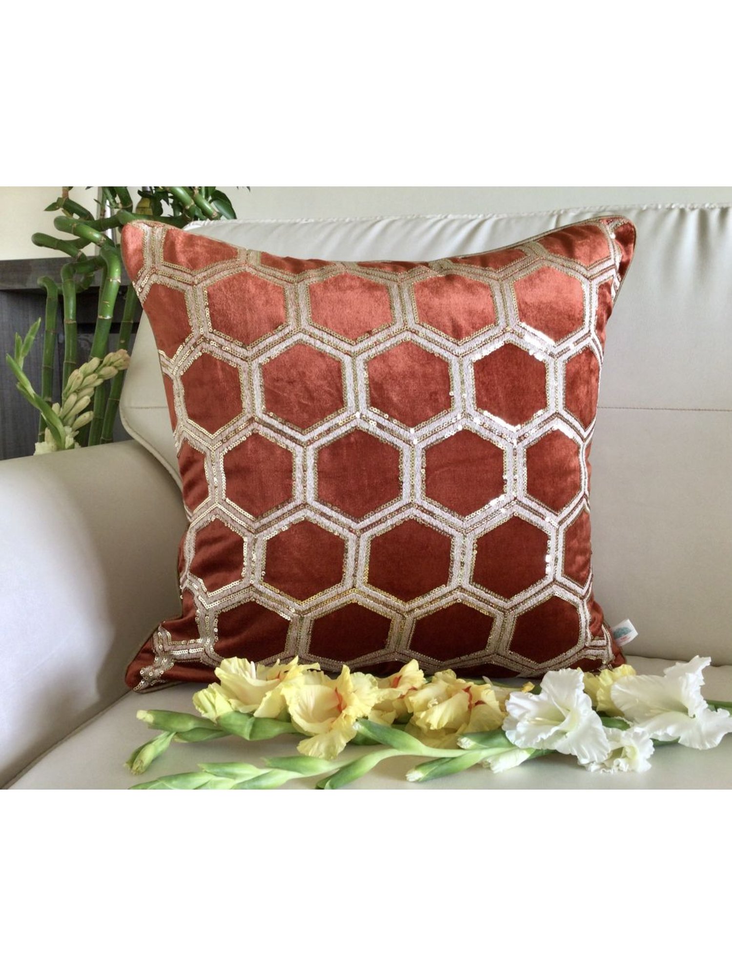 TARA Sparkling Homes Orange Embroidered Luxury Velvet Cushion Cover - Set of 1