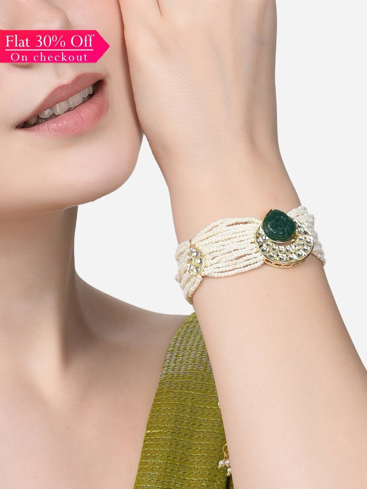 Zaveri Pearls Green Stone Multistrand Pearls Ethnic Kundan Bracelet-ZPFK14609