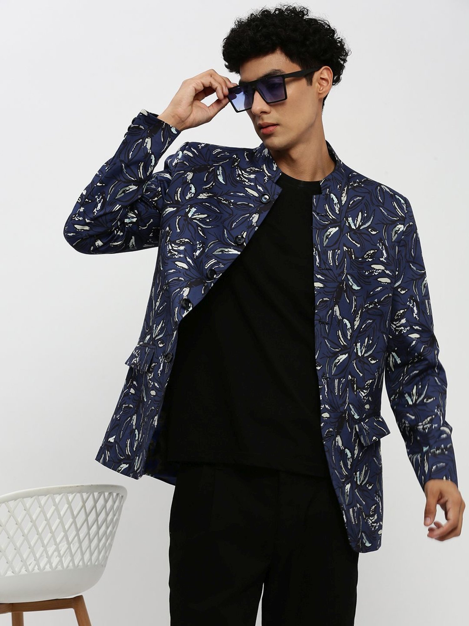 SHOWOFF Navy Blue Slim Fit Printed Blazer
